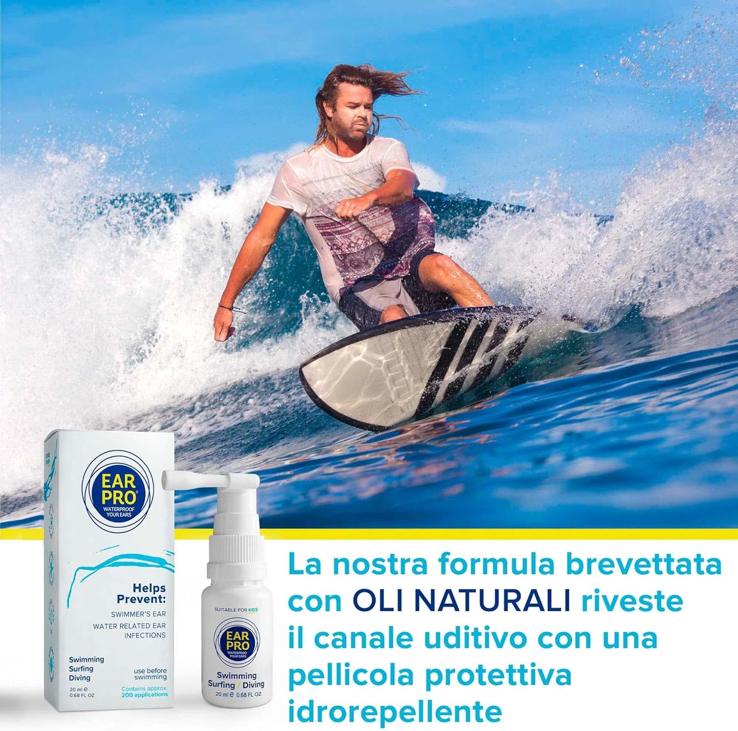 Ear Pro Spray Naturale Protettivo Orecchie - Previene le infezioni causate dall'acqua 20 ml - 200 applicazioni